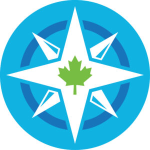 Road to Mental Readiness logo, a blue and white compass with a green maple leaf in the centre.