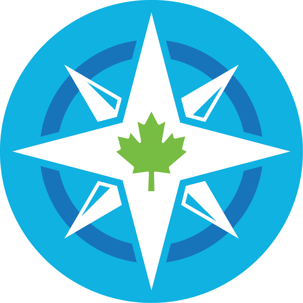 Road to Mental Readiness logo, a blue and white compass with a green maple leaf in the centre.