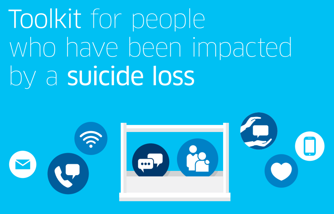 On a light blue background, we read in white text, “Toolkit for people who have been impacted by a suicide loss.” Beneath it, we see a white toolbox. We see 8 circles that contain images which represent the tools in the toolbox. To the left of the toolkit, we find a light blue envelope in a white circle, a white phone and a white speech bubble instead a dark blue circle, and a white WIFI symbol inside of a medium blue circle. Inside the toolbox, there is a dark blue circle with two white speech bubbles and a medium blue circle that shows to stick figures with one putting its arm around the other. To the right of the toolbox is a dark blue circle with two white hands that are holding up a white speech bubble (the MHCC uses this icon for their #ShareHope suicide prevention wall), a medium blue circle with a white heart, and a white circle with a light blue smartphone.