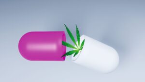 une pilule cassée en deux d'où sort une branche de cannabis