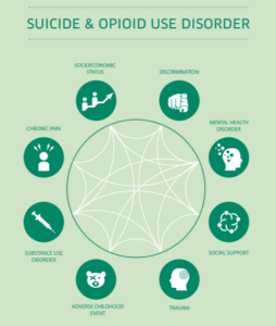 On a light green background, we read, “Suicide and Opioid Use Disorder” in dark green text. Beneath the title is a dark green circle with white lines running through it that connect the dark green circles that surround the larger circle, like numbers on the face of a clock. Each smaller dark green circle contains a white icon. Starting at the top right and moving clockwise around the larger green circle, we see: - Discrimination (icon: white hand with a finger pointing at you) - Mental health disorder (icon: silhouette of a head with small bubbles moving in and out of the back) - Social support (icon: interlinked chain) - Trauma (icon: silhouette of a head with a target on the back) - Adverse childhood event (icon: a teddy bear with an X in the place of one eye) - Substance use disorder (icon: syringe) - Chronic pain (icon: silhouette of a person with lightning bolts around the head) - Socioeconomic status (icon: graph line trending upward with two silhouettes along the line, as though the graph line is a set of stairs that the silhouettes are climbing)