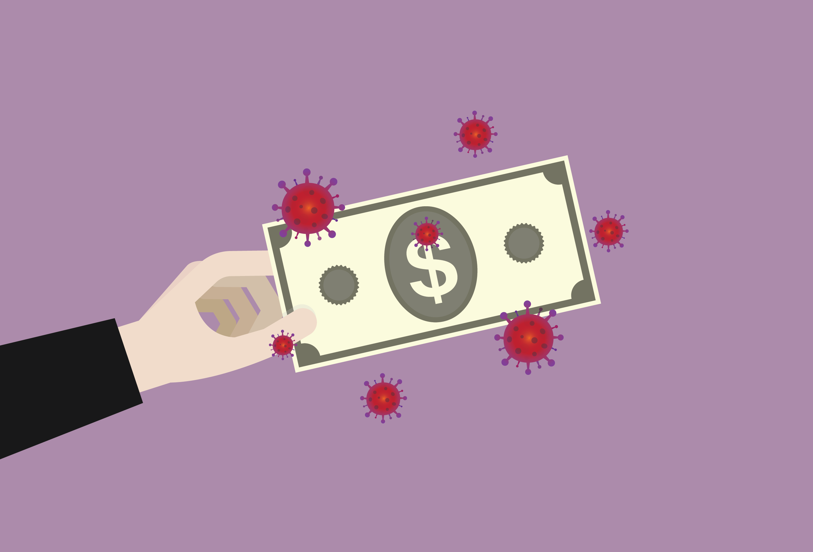 Hand hold a US dollar banknote with a virus stock illustration