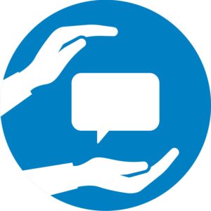 Un cercle bleu foncé avec deux mains blanches qui tiennent une bulle de texte blanche. La CSMC utilise cette icône pour son mur de prévention du suicide #PartagezEspoir.