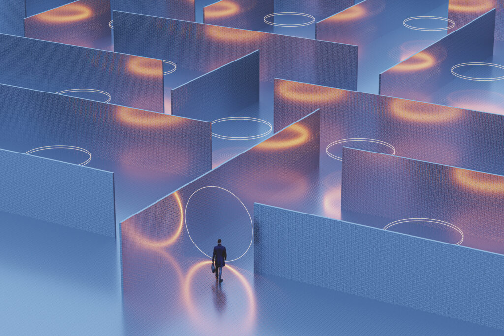 Businessman walking into mysterious maze, 3D generated image. | Homme d'affaires marchant dans un mystérieux labyrinthe, image générée en 3D.