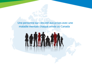 Sur un fond blanc, on voit le contour de la masse terrestre du Canada en bleu clair. Superposé sur le Canada, on voit les silhouettes de 10 personnes, dont 8 sont dans l'ombre et 2 sont rouge. Au-dessus des silhouettes, on lit en bleu : « Une personne sur cinq est aux prises avec une maladie mentale chaque année au Canada ».