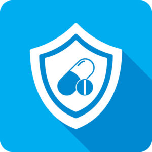 Vector illustration of a shield with pills icon against a blue background in flat style. | Illustration vectorielle d'un bouclier avec icône de pilules sur un fond bleu dans un style plat.