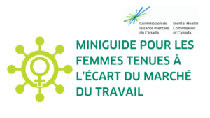 L’image a un fond blanc. À gauche, on trouve une icône jaune de la coronavirus (un cercle entouré par des pics, semblable à un vieux gouvernail). Au centre de l’icône apparait le symbole pour les femmes des anciens grecs, un cercle en haut et un symbole plus en dessous.  À droit de tous ses symboles, on lit le titre du document en texte vert foncé, « Miniguide pour les femmes tenues à l''écart du marché du travail ». Dans la coin supérieure droit, on trouve l’image de marque de la Commission de la santé mentale du Canada, une étincelle avec des lignes bleu et vert.