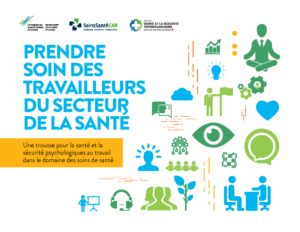 Sur fond blanc, on voit les logos de la Commission de la santé mentale du Canada (une étincelle avec des lignes bleues et vertes) et de SoinsSantéCan, ainsi que leur logo pour leur travail commun sur la santé mentale en milieu de travail : Pour la santé et la sécurité psychologiques dans les services de santé. Sous les logos on lit le titre du document en grosses lettres bleu clair, « Prendre soins des travailleurs du secteur de la santé ». Le sous-titre repose sur un encadré jaune, « Une trousse pour la santé et la sécurité psychologique dans le domaine des soins de santé ». Sur le côté droit se trouvent un certain nombre d'icônes destinées à invoquer le concept de santé mentale au travail, comme une personne en costume qui médite, une autre personne en costume qui plante un drapeau et une autre qui fait une présentation.