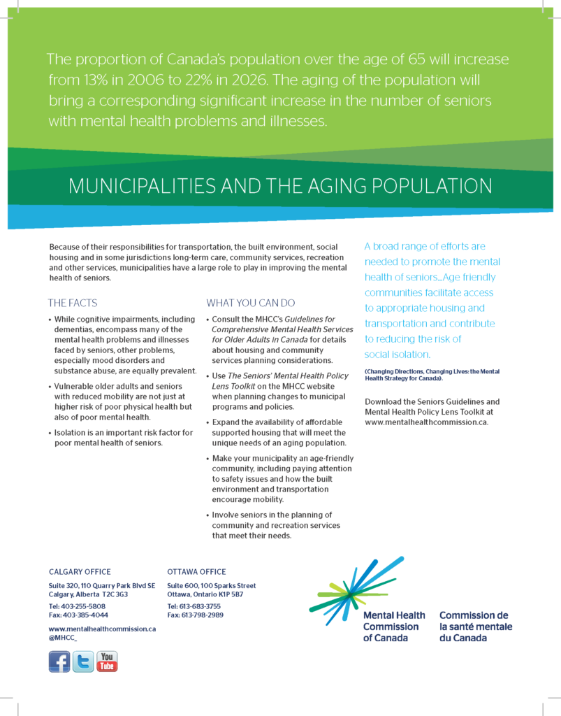 MUNICIPALITIES AND THE AGING POPULATION The proportion of Canada’s population over the age of 65 will increase from 13% in 2006 to 22% in 2026. The aging of the population will bring a corresponding significant increase in the number of seniors with mental health problems and illnesses. Because of their responsibilities for transportation, the built environment, social housing and in some jurisdictions long-term care, community services, recreation and other services, municipalities have a large role to play in improving the mental health of seniors. THE FACTS • While cognitive impairments, including dementias, encompass many of the mental health problems and illnesses faced by seniors, other problems, especially mood disorders and substance abuse, are equally prevalent. • Vulnerable older adults and seniors with reduced mobility are not just at higher risk of poor physical health but also of poor mental health. • Isolation is an important risk factor for poor mental health of seniors. WHAT YOU CAN DO • Consult the MHCC’s Guidelines for Comprehensive Mental Health Services for Older Adults in Canada for details about housing and community services planning considerations. • Use The Seniors’ Mental Health Policy Lens Toolkit on the MHCC website when planning changes to municipal programs and policies. • Expand the availability of affordable supported housing that will meet the unique needs of an aging population. • Make your municipality an age-friendly community, including paying attention to safety issues and how the built environment and transportation encourage mobility. • Involve seniors in the planning of community and recreation services that meet their needs. A broad range of efforts are needed to promote the mental health of seniors...Age friendly communities facilitate access to appropriate housing and transportation and contribute to reducing the risk of social isolation. (Changing Directions, Changing Lives: the Mental Health Strategy for Canada). Download the Seniors Guidelines and Mental Health Policy Lens Toolkit at www.mentalhealthcommission.ca.