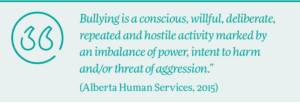 On a light teal background, we read the following quote in dark teal text, "Bullying is a conscious, willful, deliberate, repeated and hostile activity marked by an imbalance of power, intent to harm and/or threat of aggression.” This quote is attributed to Alberta Health Services, 2015. To the left of the quote is a dark green outline of quotation mark to emphasis that it is a quote.