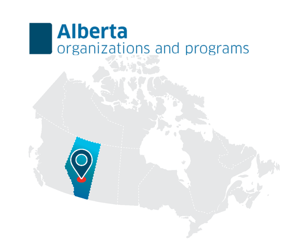 The title in blue text: Alberta organizations and programs. Beneath the title is a map of Canada, where each province and territory is in grey except Alberta, which is blue. On Alberta is a pin to indicate that Alberta is our current focus and destination.