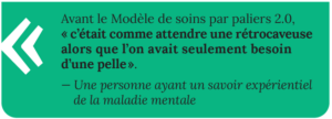 Sur un fond vert moyen, la citation suivante est attribuée à Avant le Modèle de soins par paliers 2.0, on avait l’impression d’attendre une rétrocaveuse alors qu’on n’avait besoin que d’une pelle.