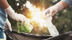 Two people cleaning up litter