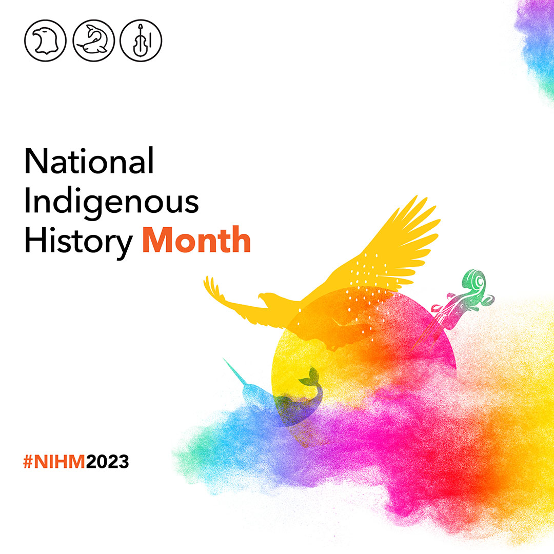 English image for Instagram with 3 illustrations: an eagle representing First Nations, a narwhal representing Inuit, and a violin representing Métis. These illustrations are placed around the sun and surrounded by multicoloured smoke that represents Indigenous traditions, spirituality, inclusion and diversity. English text: National Indigenous History Month #NIHM2023