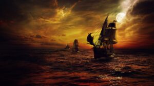 A pirate ship at sunset