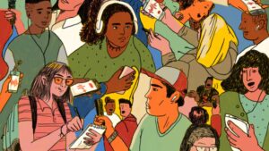 Various people listening to podcasts