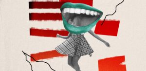 Composition with woman in retro style outfit with big mouth over abstract background. Contemporary art collage. Ad, surrealism, imagination, inspiration.