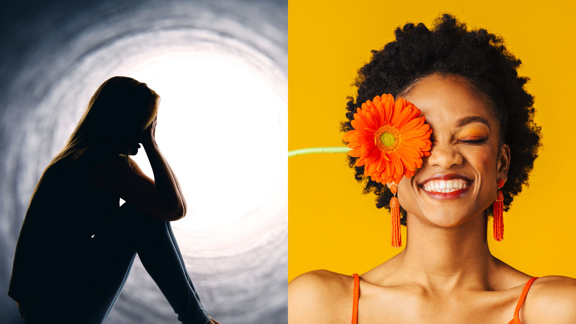 Two contrasting images in one. On the left, a said woman against grey background with hands to her face. On the right, a happy women with a bright flower next to her face against a bright yellow background