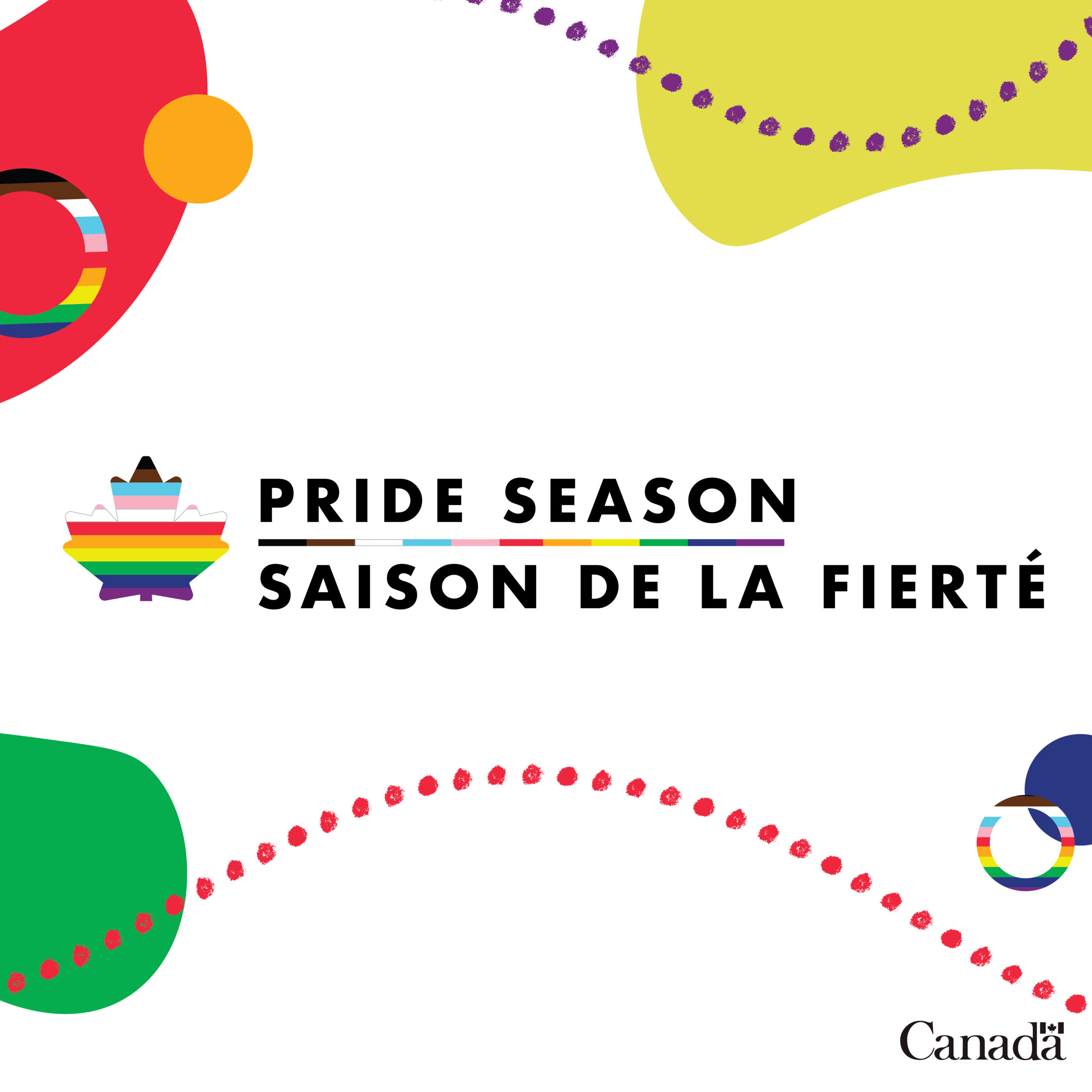 White background image with colourful pop art shapes around the edges. A maple leaf with the rainbow colours of the Progress Pride Flag, which are black, brown, light blue, light pink, white, red, orange, yellow, green, blue, and violet, and the words Pride Season Saison de la Fierté appear in the middle. The Canada wordmark is in the bottom right corner.