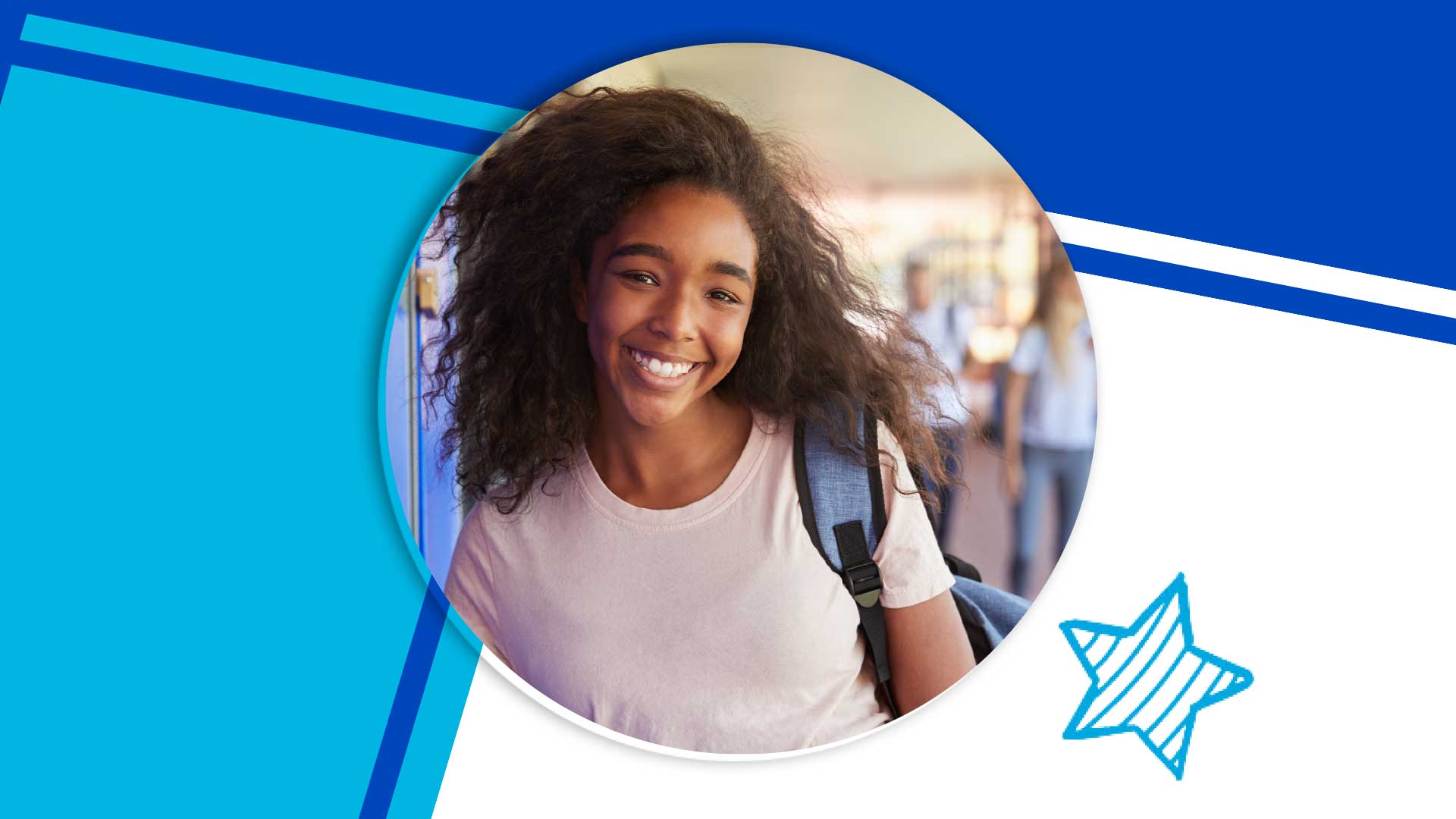 An image of a girl with a backpack and a blue background.