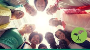 A group of young people standing in a circle.