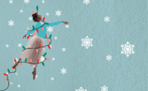 A woman gracefully soars through the air, surrounded by twinkling Christmas lights.