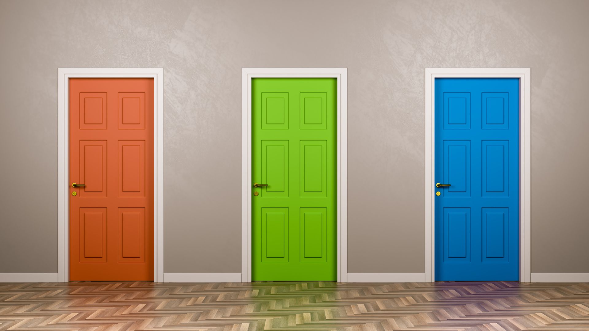 Three doors: red, blue, and green, standing in a room.