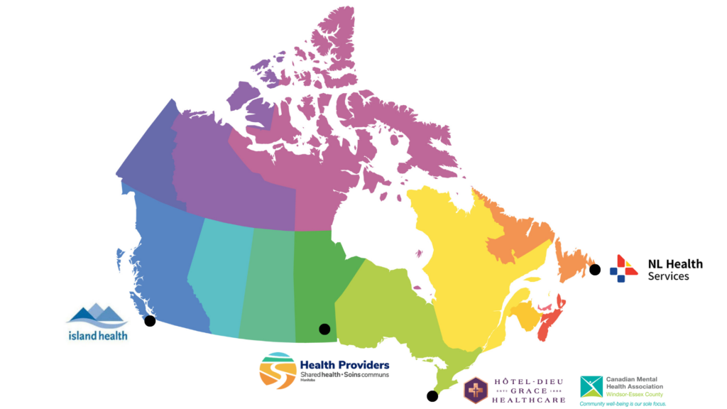 The demonstration sites' locations are identified by stars on a map of Canada with each province and territory being a different colour. The logos of each organization are displayed below their location.