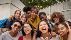 A group of young people laughing