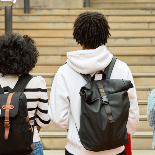 Three students walking up stairs