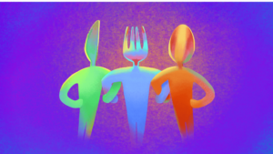 A knife, fork and spoon link arms