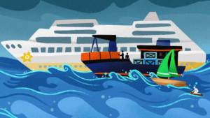 un bateau sur des eaux agitées avec un homme sur un radeau et un autre bateau à côté.