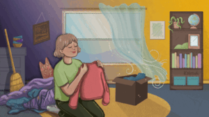 illustration of a person finding peace of mind by cleaning her house