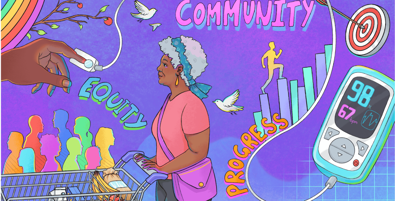 English Web banner An illustration of a black woman walking with a mosaic background showing all her daily considerations.