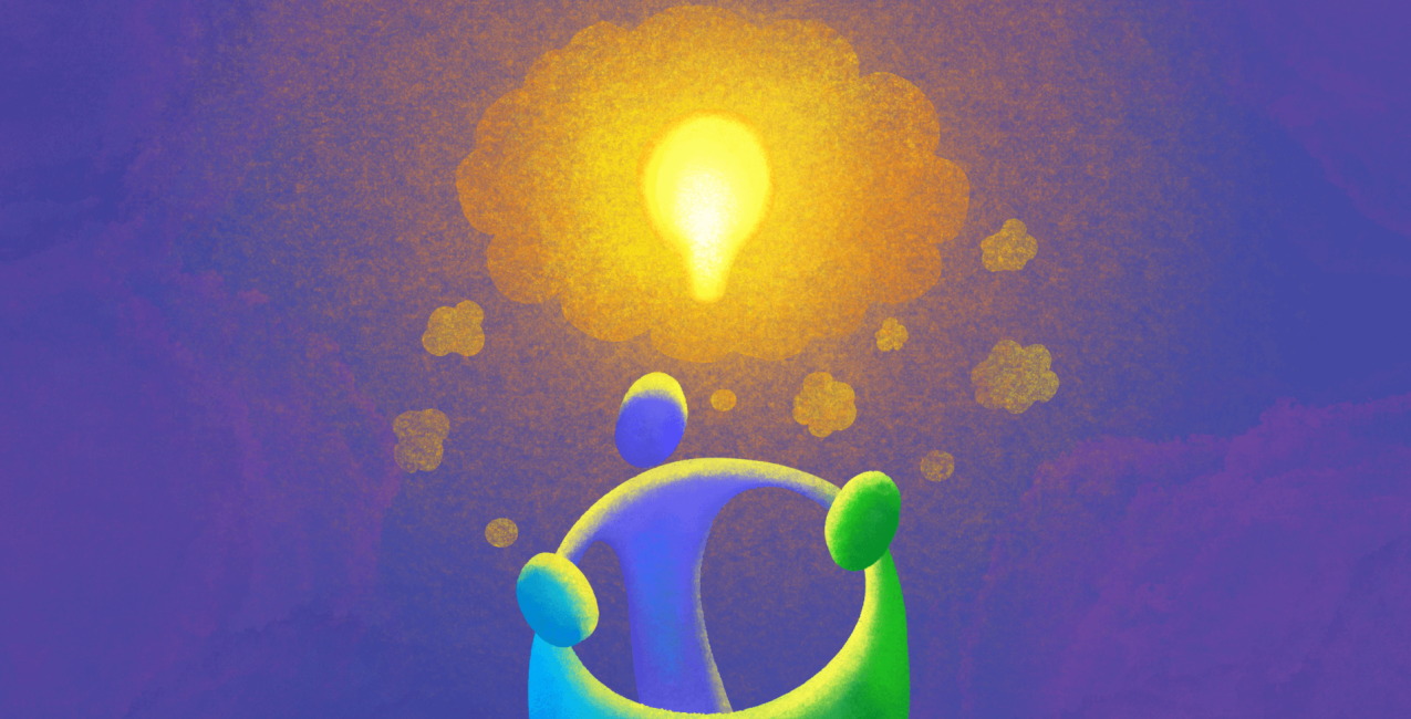 People in a circle collaborating on an idea