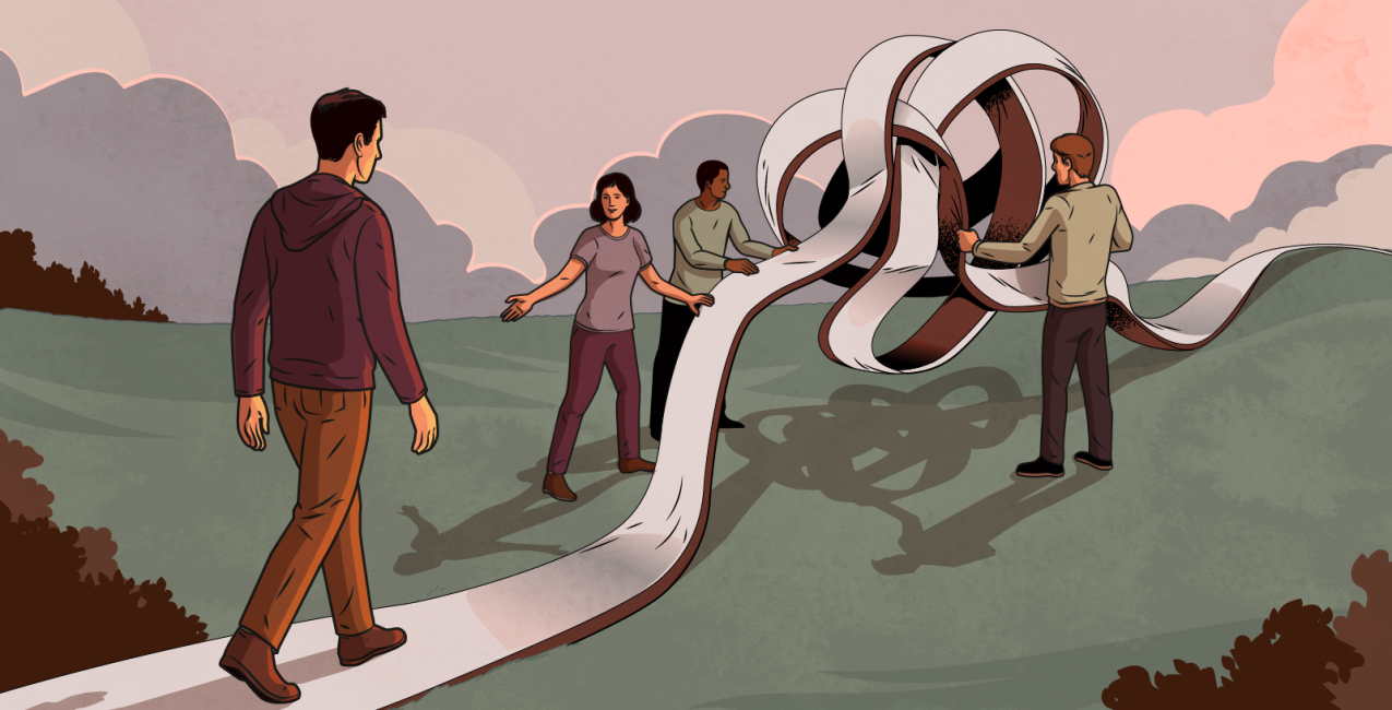 An illustration of people untangling a road so their friend can navigate it