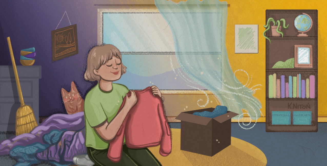 illustration of a person finding peace of mind by cleaning her house